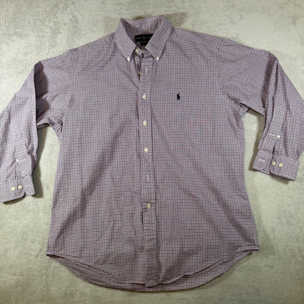 Ralph‎ Lauren Yarmouth Mens 16.5 32/33 Purple Check Button Down Shirt Cotton